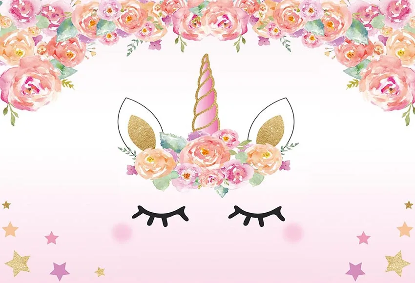 7x5FT Light Pink Floral Flowers Unicorn Face Mask Eyes Stars Custom