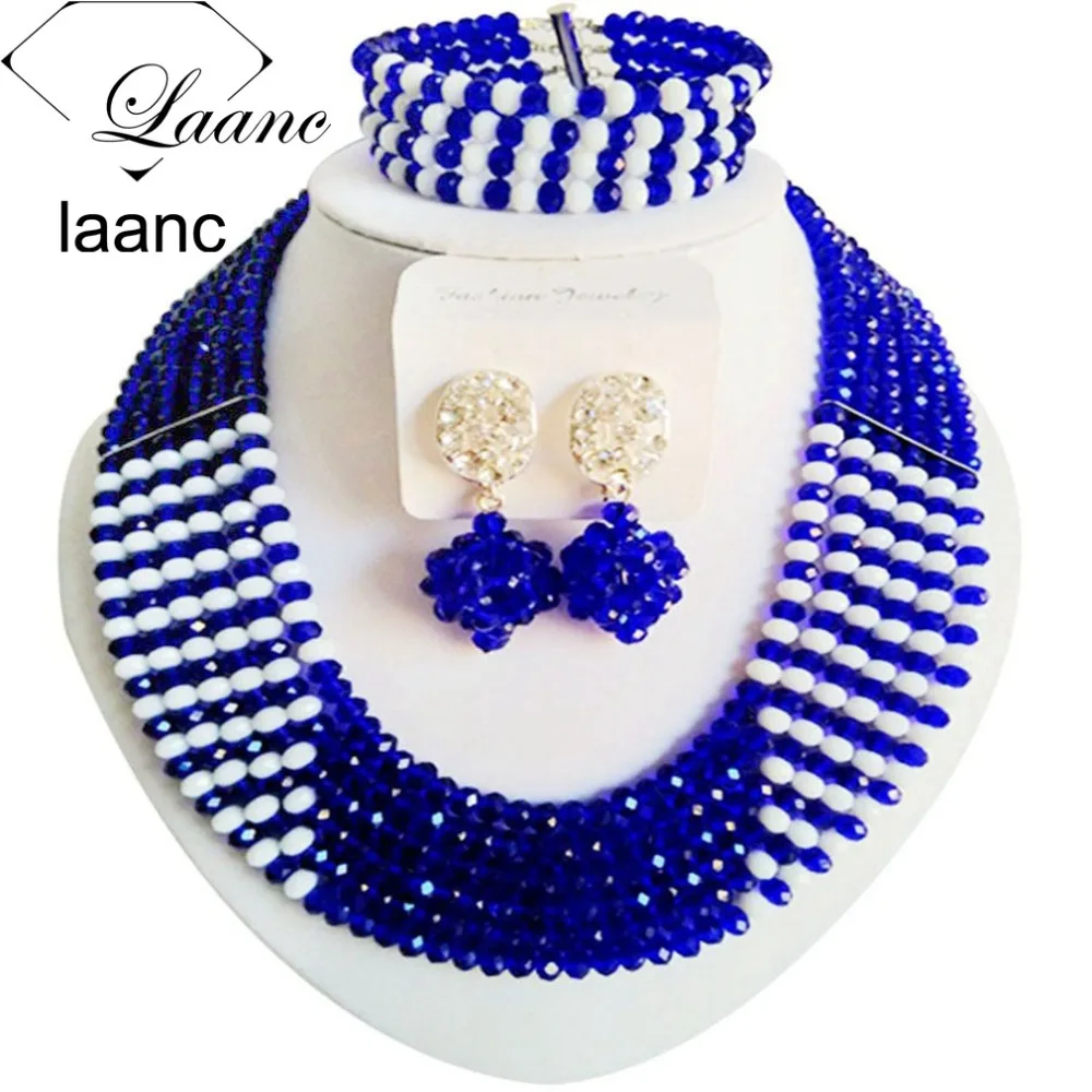 

Brand Laanc 18inches Nigerian Wedding African Necklace Beads Jewelry Set Blue and White Crystal For WomenAL153