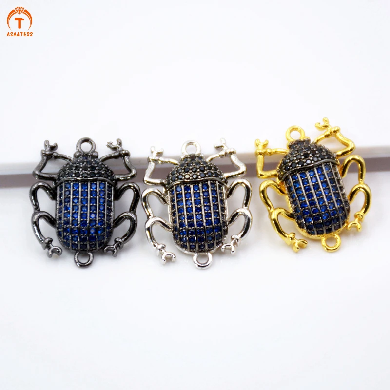 

ACORN BEETLE Inspired charm Micro CZ Pave Fuchsia Beetle connector blue cubic zircon Silver/Black/Gold Insect pendant