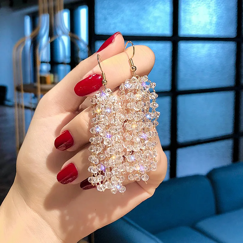 

Long Crystal Beaded Drop Earrings For Women Handmade Multi Layers Korean Clear Dangle Earrings Fashion Jewelry