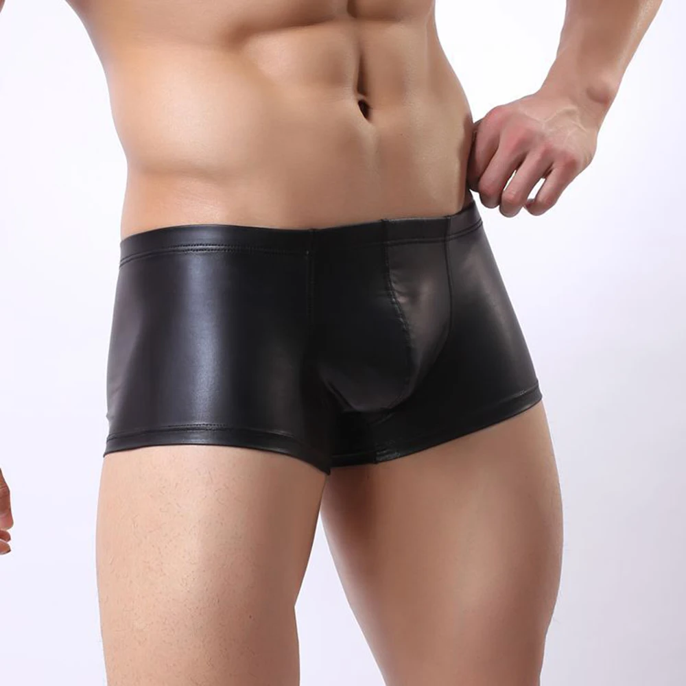 Sexy Faux Leather Underwear Men U Convex Pouch Panties Boxers Shorts Gay Underpants Erotic Black Silver Gold Lingerie 2019 Hot