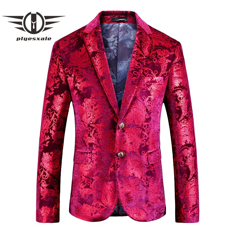 Plyesxale мужской пиджак с цветочным принтом 2018 Slim Fit красный бархатный для мужчин 4XL