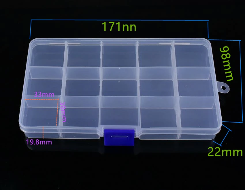 جديد 15 فتحات الخلايا الملونة المحمولة مجوهرات صندوق تخزين العدة الإلكترونية أجزاء المسمار الخرز المنظم صندوق بلاستيكي 171*98 * mm