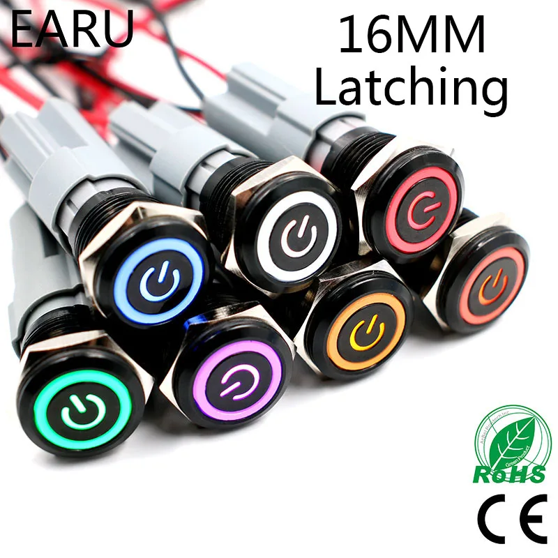

5V 12V 24V 110V 220V LED Locking Latching 16mm Waterproof Car Atuo Power Dash Metal Push Button Switch 1NO 1NC Stainless Steel