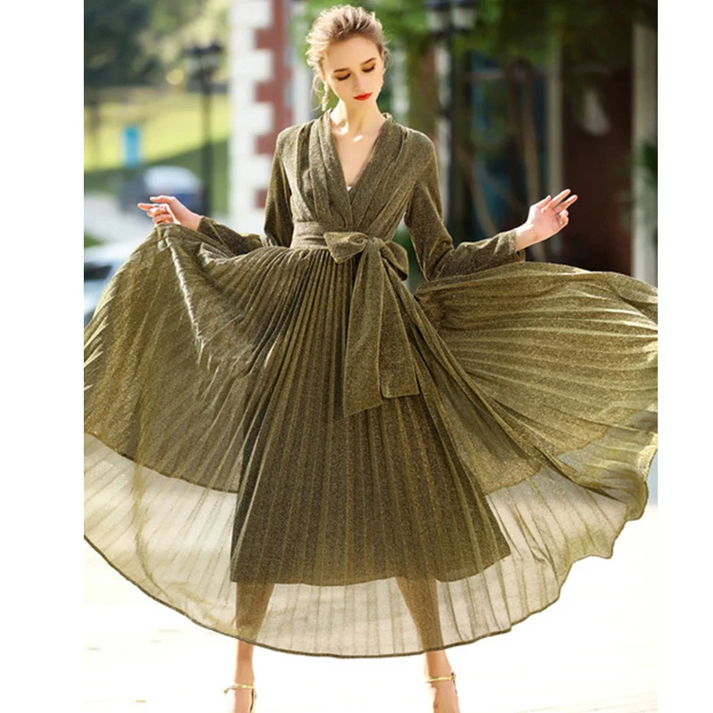 

Women Pleating Dresses 2017 Summer Deap V Shawl Collar Waistband Tie Ankle Length Lurex Gorgeous Sexy Dress in Red Black Blue