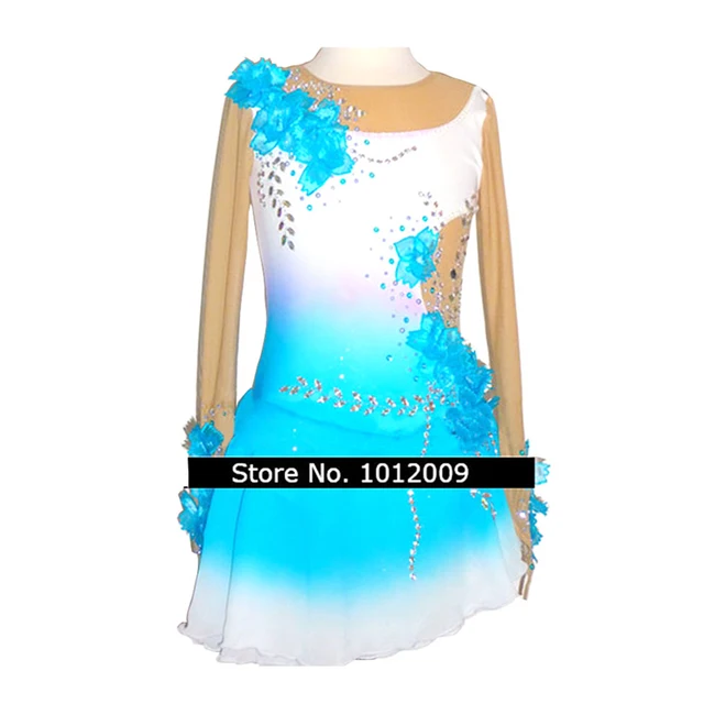 Cheap Customized Costume Ice Skating Figure Skating Dress Gymnastics Adult Child Girl Show Skirt Competition Rhinestone Blue Flower