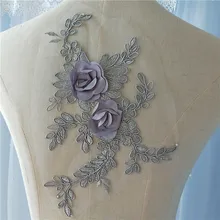 6 pieces Gray 3D Flowers Lace Applique Unique Bridal Wedding Gown Embroidered Applique with Rhinestone 8 Colors