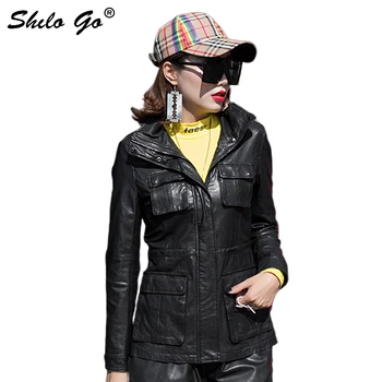 

Streetwear Leather Jacket Women Casual Stand Collar Front Pocket Sheepskin Genuine Leather Coat Moto Zip Female Straight Outwear