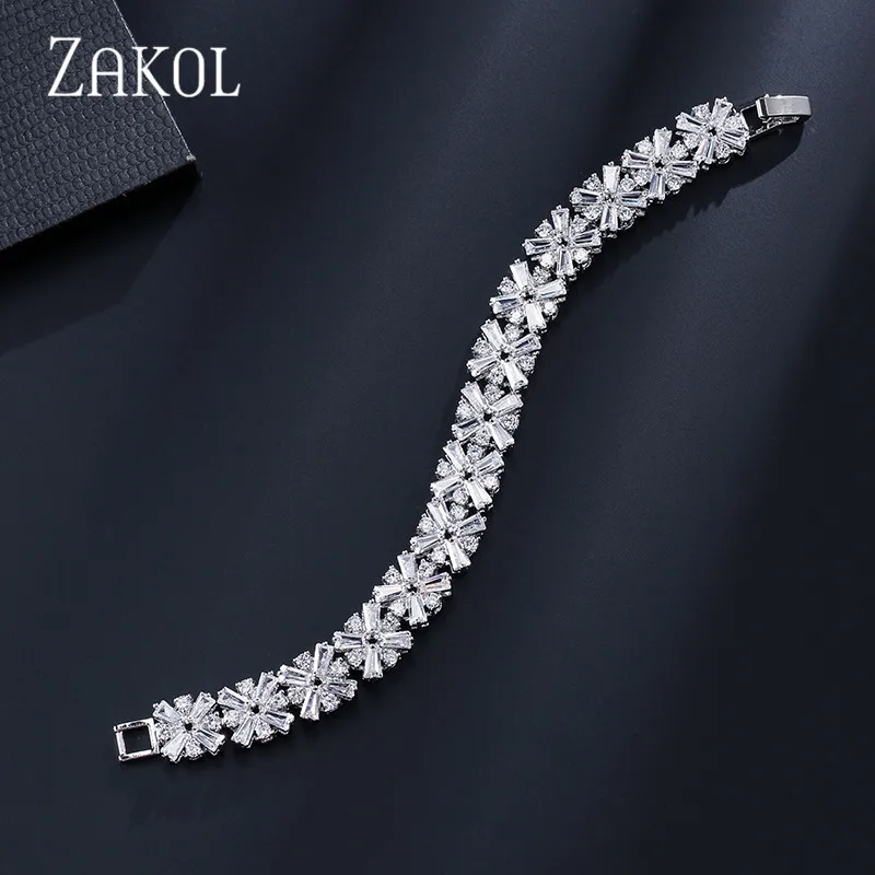 ZAKOL النساء مجوهرات الأزياء رائع الفضة اللون الربيع زهرة زركون متصل سوار للتنس للعرائس FSBP010