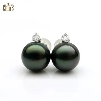 

Free Shipping 8.5-9mm Round Black Real Tahitian Pearl Diamond Stud Earrings 18K White Gold