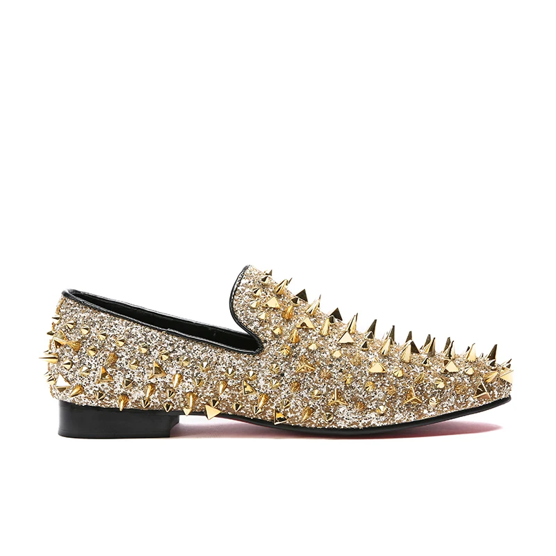 Loafers Mão Da Preto Dourado Casamento Moda Sapatos Flats Mocassins À Homens Deslizar Sobre Mabaiwan Chinelo Glitter Rebites ouro Ouro Picos Feitos Do Vestido De Couro wBzU1E1q