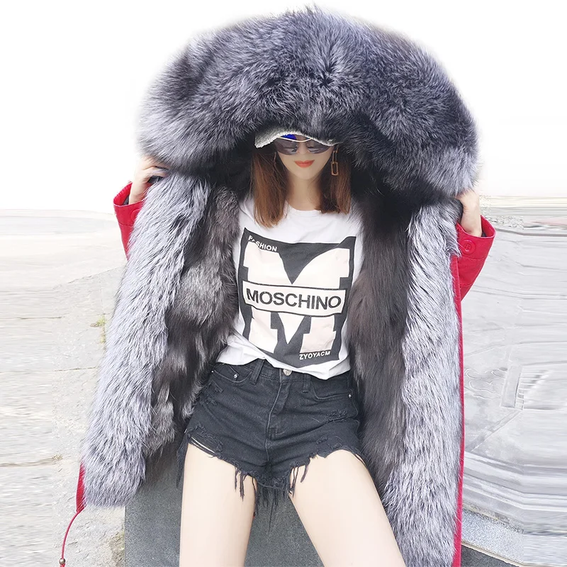

2018 natural fox fur liner long outerwear winter jacket raccoon fur lining big real fox fur collar coat parkas