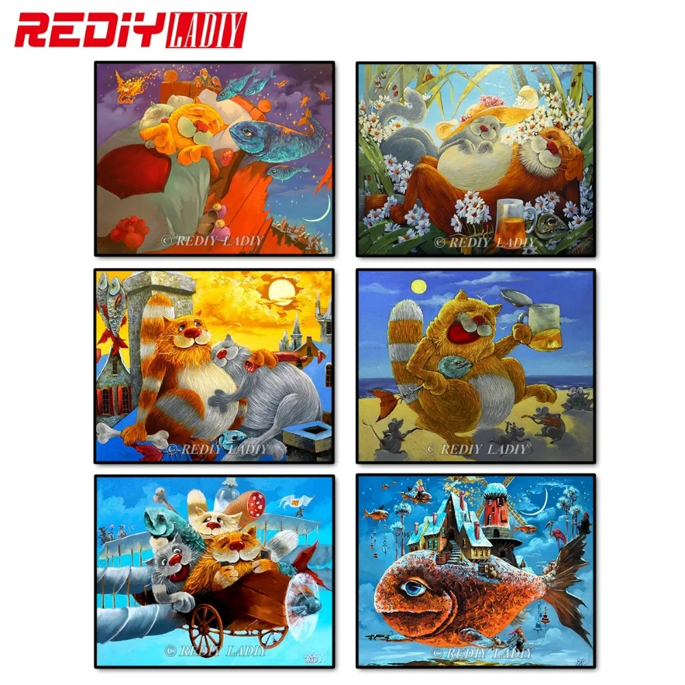 

REDIY LADIY Diamond Painting Cross Stitch Cat with Fish Crystal Rhinestone Needlework Diamond Embroidery Full Diamond Mosaic Kit