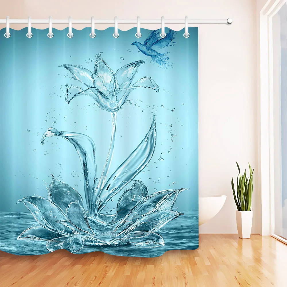 

LB Abstract 3D X-ray Blossom Transparent Flower Bird Nature Blue Shower Curtain Art Waterproof Bathroom Fabric For Bathtub Decor