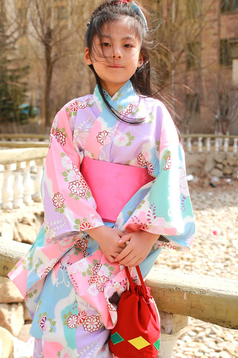 Children Girls Japanese Traditional Costumes Kimono Dress with Obi