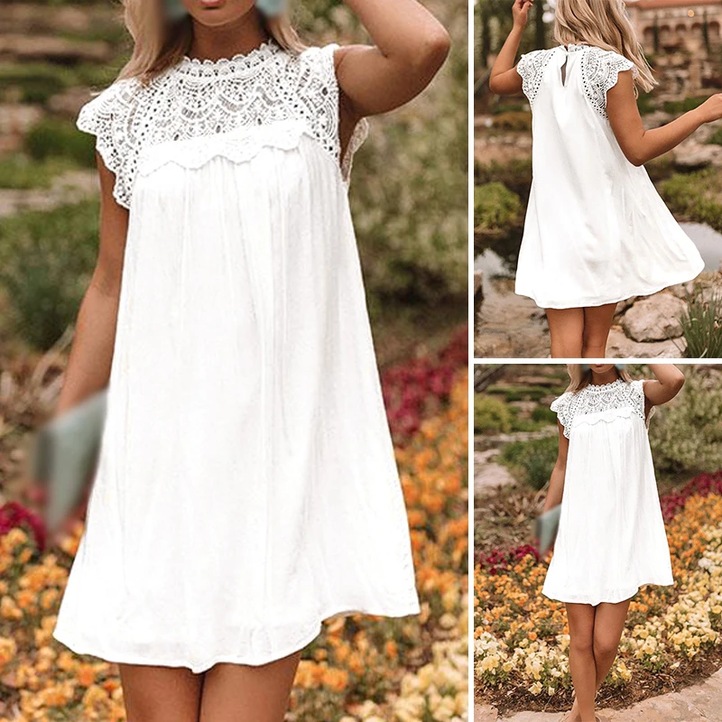 Women's Dress Ladies Holiday Summer Short Sleeve Casual Fashion Party Loose Boho Beach Lace Cocktail mini dress
