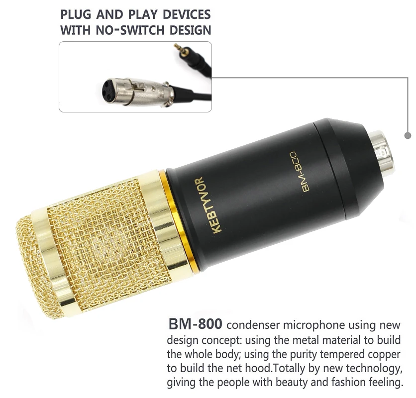 Профессиональный BM800 конденсаторный микрофон кардиоидный аудио студия вокальная Запись микрофон с металлическим ударным креплением для ПК караоке-студия комнаты