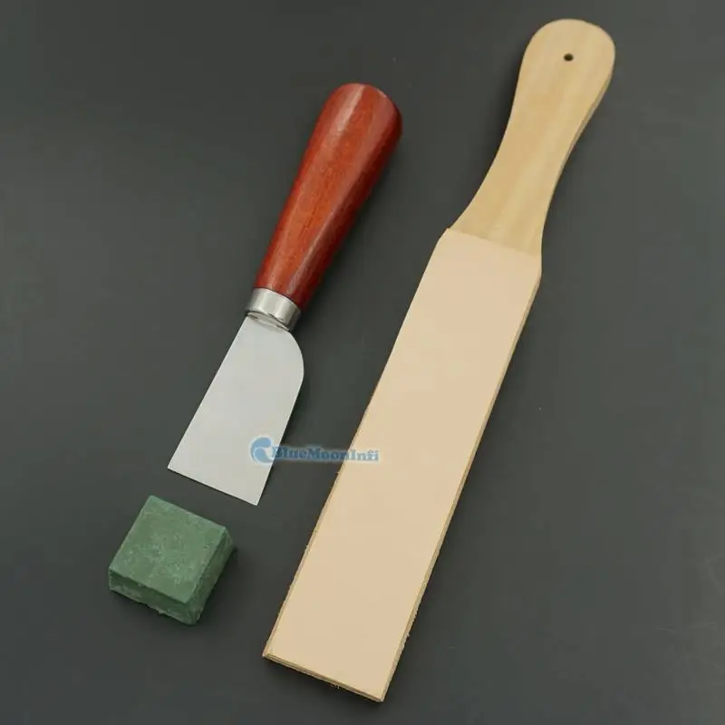 1 Set Wood Handle Leather Strop Chest Double Sided Knife sharpening