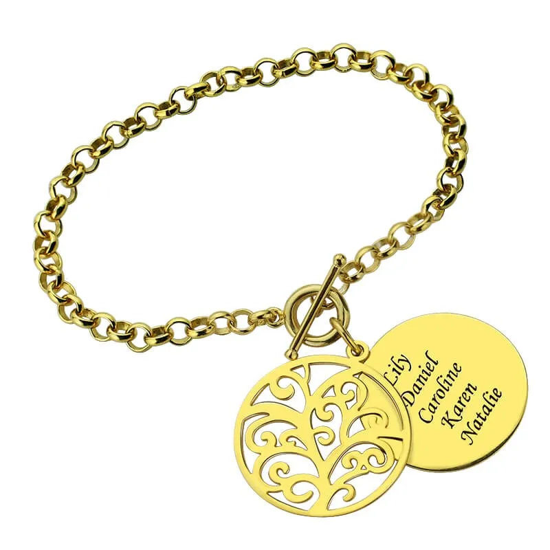 

Women's Custom Name Bracelet Personalized Letter Bracelets Handmade Engraved Family Tree of Life Disc Bangle Gold Gift for Mom
