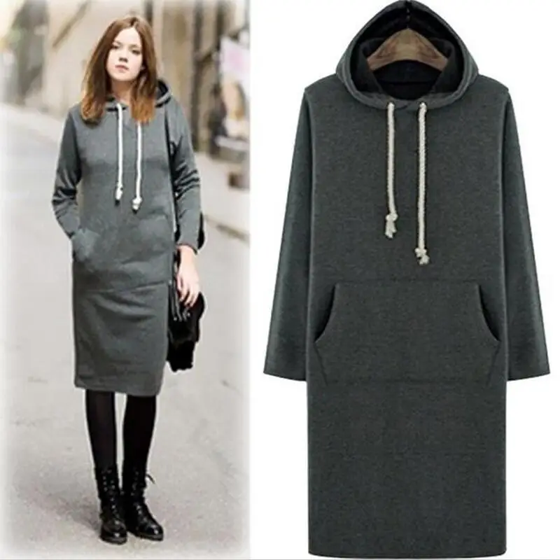 

New 2019 Autumn Winter Women Long Hoodie Dress Plus Size XS-5XL 6XL Pullover Casual Warm Hoodies Long Sweatshirt Hooded Dress