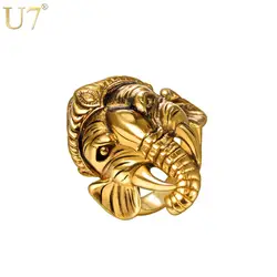 U7 Lucky Ганеша Будда слон животных кольцо Rock подарок ювелирных изделий хип-хоп золото/черный Цвет Нержавеющая сталь кольца для Для мужчин R1016