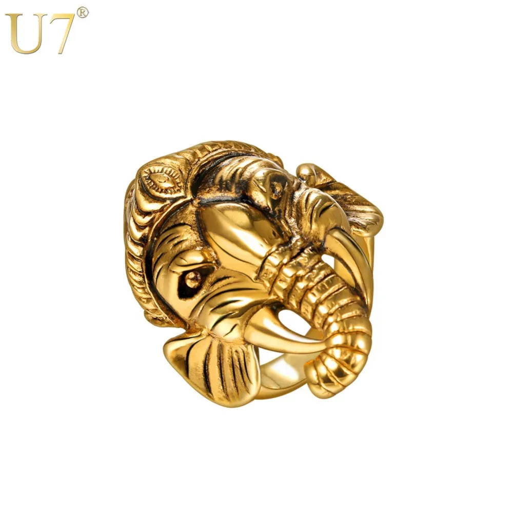 Кольцо для мужчин U7 Lucky Ganesha кольцо из нержавеющей стали золотого/черного цвета с