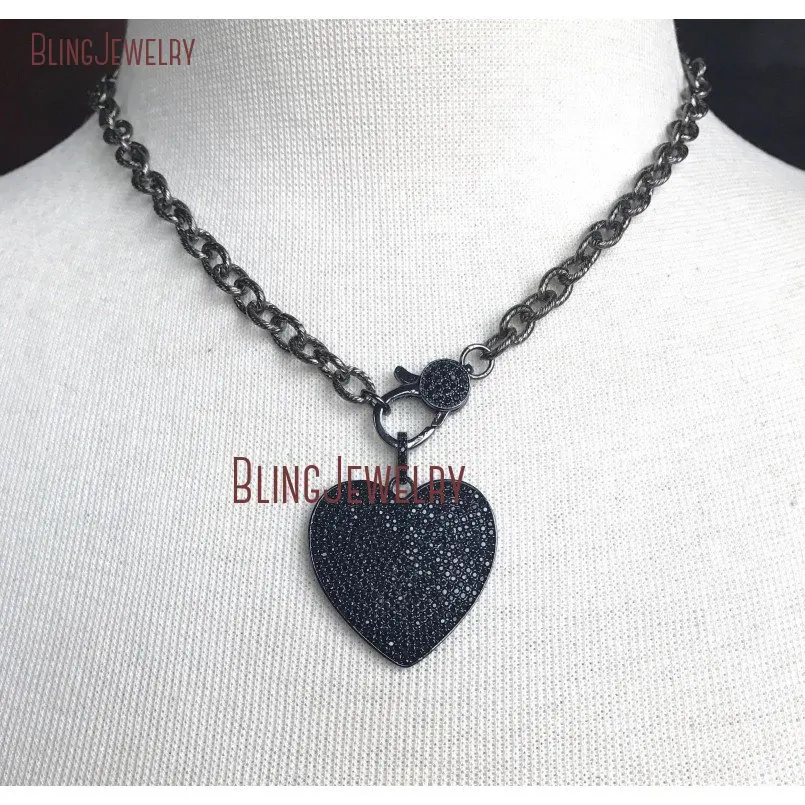 Gunmetal Pave черный кристалл Застежка чокер сердце кулон на текстурированная цепь