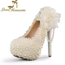 Frauen Süße Hochzeit Schuhe Elfenbein/weiß/rosa Blumen Spitze Plattform High Heels Perle perlen Brautkleid paryt schuhe Bigsize