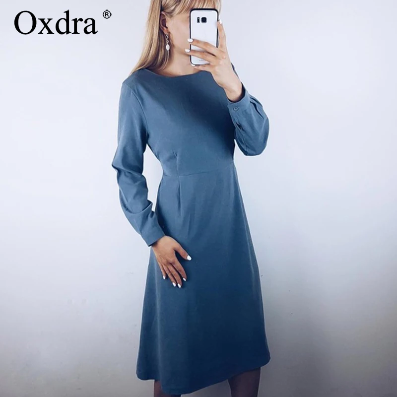 Oxdra o-образным вырезом элегантное свободное платье с длинным рукавом высокой