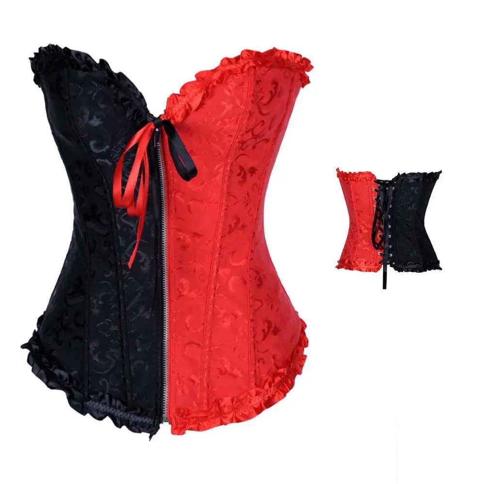 

Gothic Black And Red Mosaic Jacquard Zipper Sexy Corset Size S-6XL