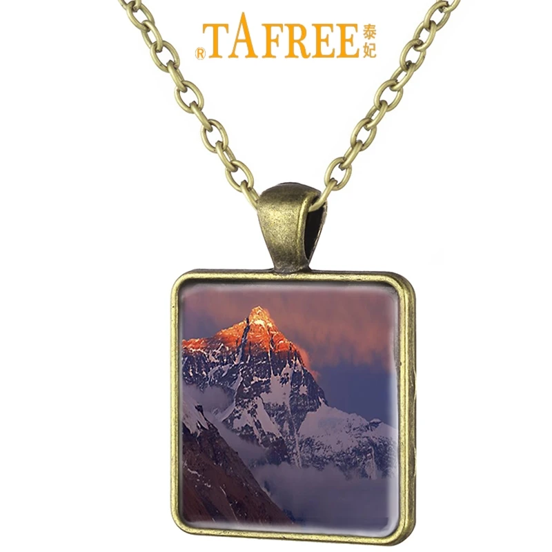 

TAFREE Mount Qomolangma Great Chinese Scenery Art Picture Square Necklace Antique Bronze Plated Glass Cabochon Dome Jewelry ZM22