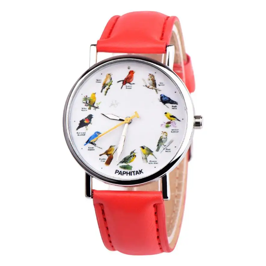Лидирующий бренд, роскошные часы для женщин, цветок, птица, серебряный циферблат, кожа, креативное платье, наручные часы, повседневные женские кварцевые часы - Цвет: Red