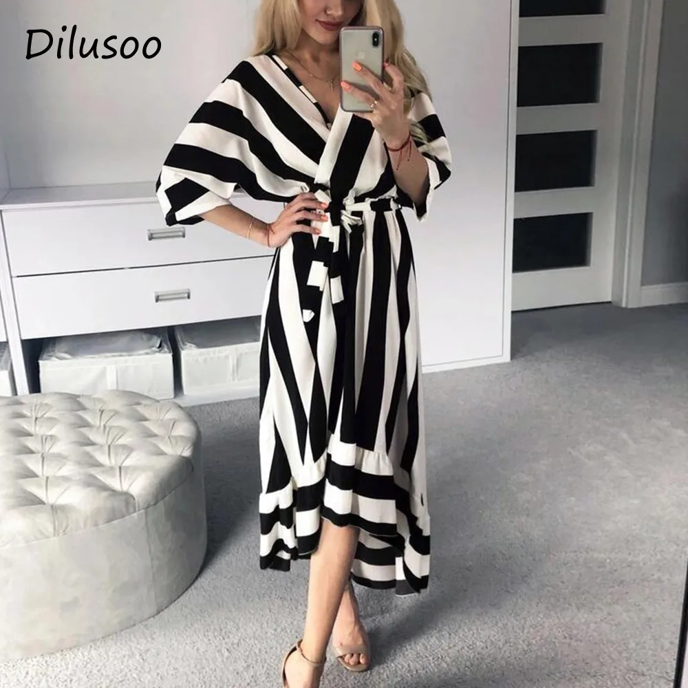 

Dilusoo Stripe Autumn Dress For Women Sexy V-neck Irregular Loose Elegant Dress Female With Belt 2019 Half Sleeve Casual Vestido