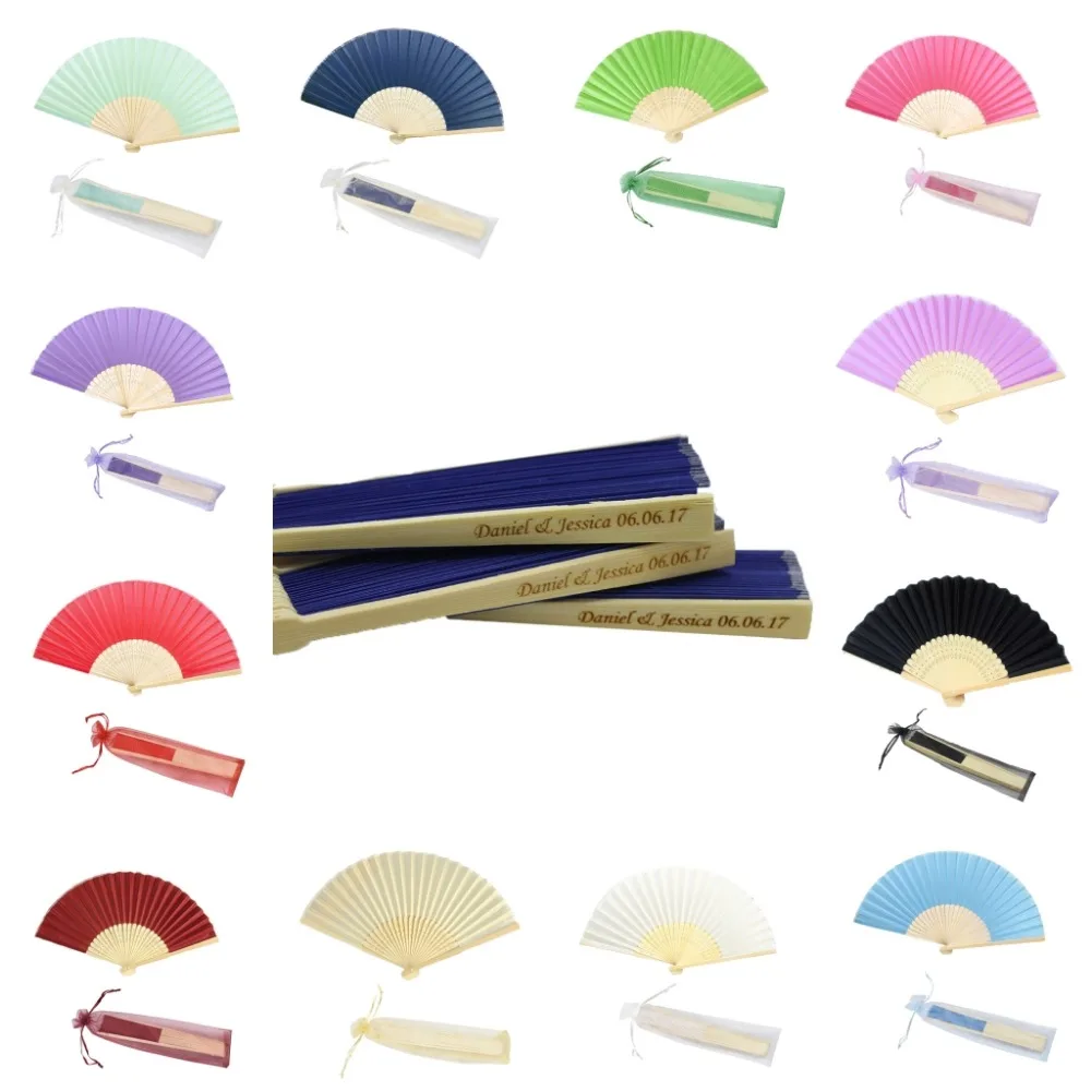 50Pcs Personalized Engraved Folding Hand Silk Fan Fold Vintage Fans