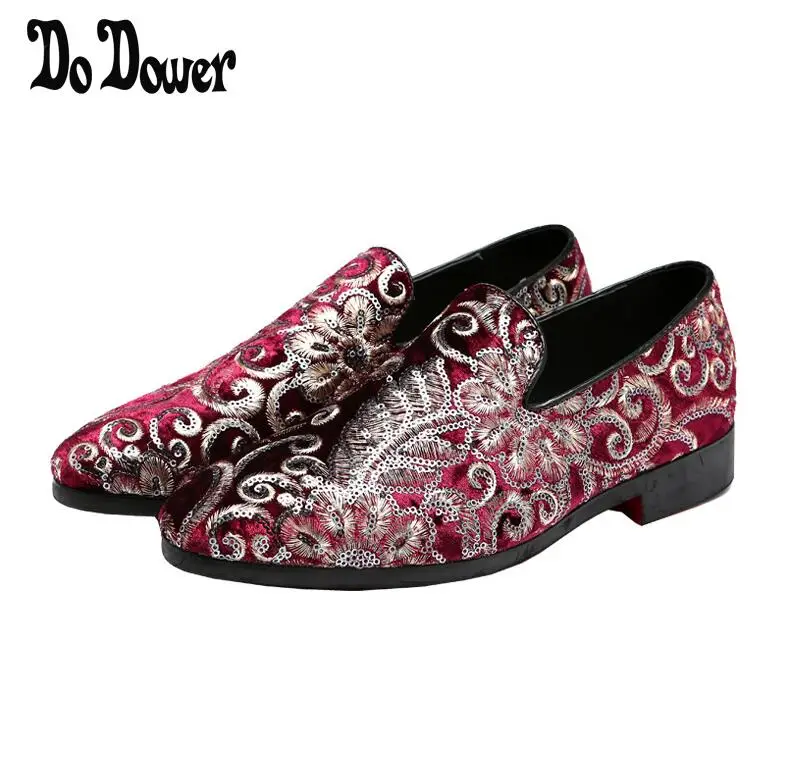 Promotion Europe Style Men Velvet Loafers Party wedding Shoes Embroidered red black Velvet