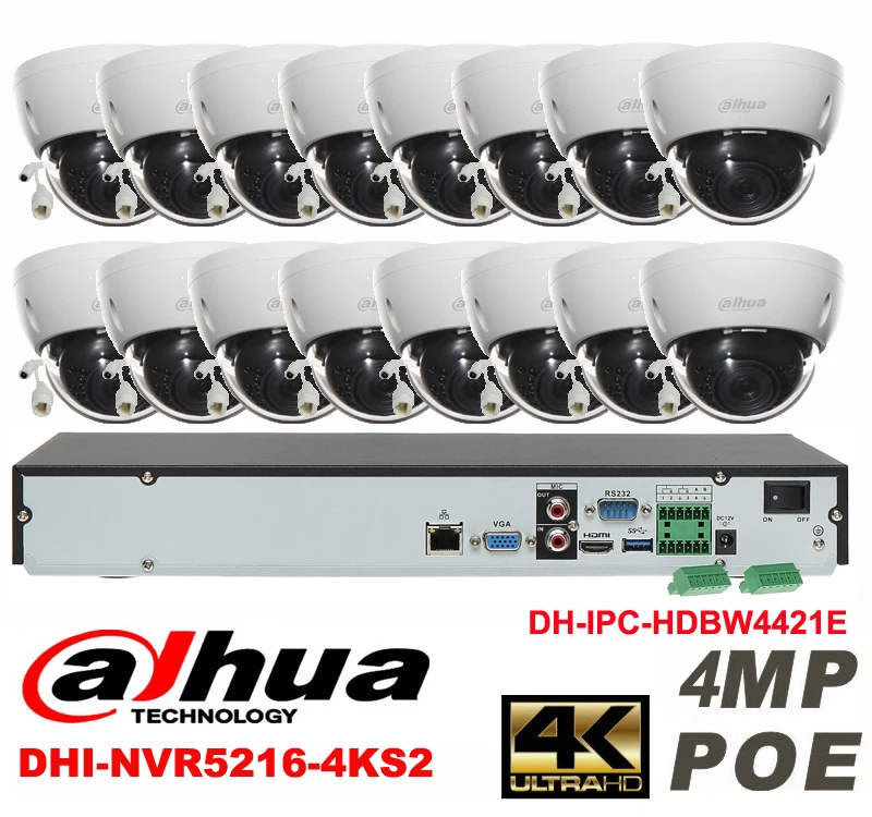 Dahua оригинальный 16CH 4MP H2.64 DHI IPC HDBW4421E 16 шт. сетевая камера POE DAHUA NVR5216 4KS2 купольная ip