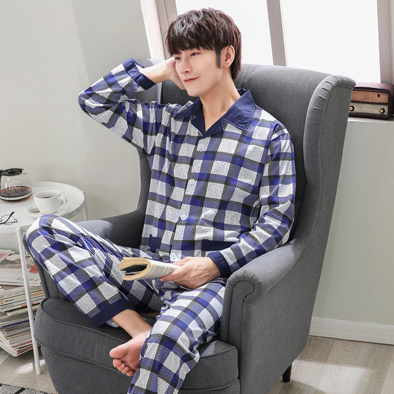 High Quality Cotton Long Sleeve Men Pajama Sets Cardigan Casual Sleepwear Suit Men's Pyjamas Spring Autumn Male Homewear HS759 | Мужская