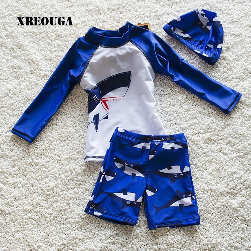 3pcs Cute Kids Boy Swimwear Shark Print Boys Long Sleeve Swimsuit Children Beach Wear with Hat kids Sunscreen Bathing Suit SRN26