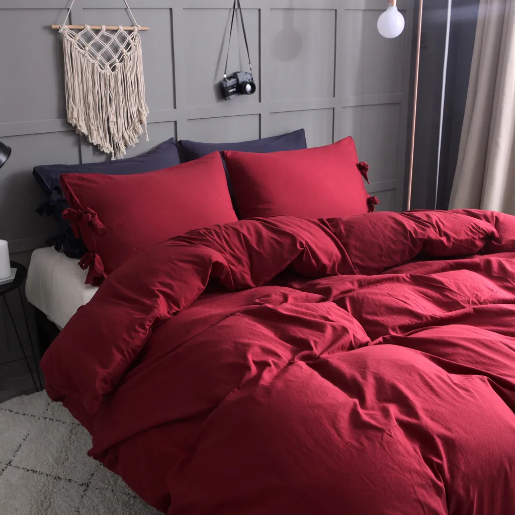 Однотонный Комплект постельного белья красного цвета из трех предметов, Помытый хлопковый пододеяльник, Натуральный ультра мягкий современный стиль, простой уход, Комплект постельного белья