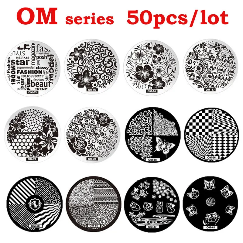 New Arrival 50pcs OM Stamping Nail Art Steel Polish Print Image Plates Mold DIY Nail Stamp Template Wholesale 4pcs christmas halloween owl 4 design stainless steel nail plates nail art image konad print stamp stamping manicure template