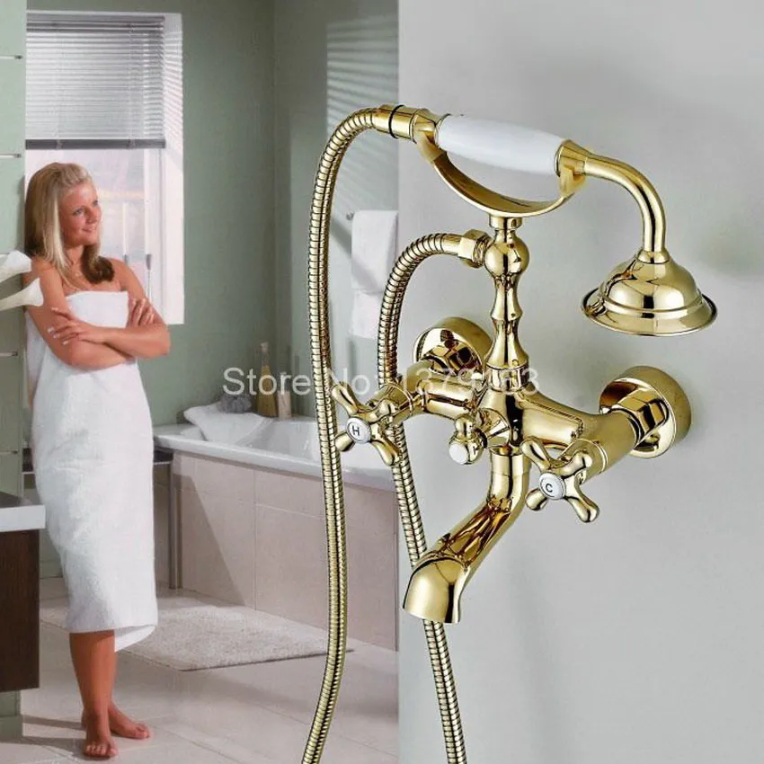 Gold Polished Brass Two Levers Wall Mounted Clawfoot Bath Tub Faucet