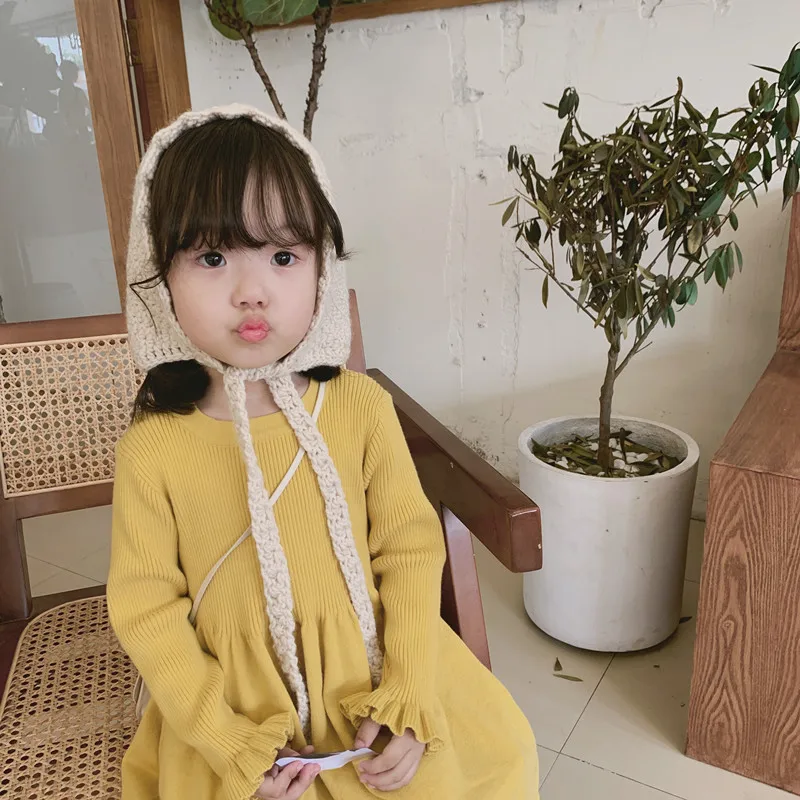 Новинка; осеннее вязаное платье для маленьких девочек; детская одежда в Корейском стиле; однотонное детское платье-свитер с расклешенными рукавами; 5 цветов