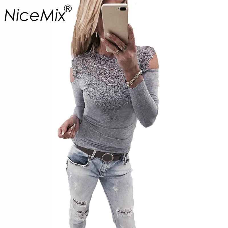 

NiceMix 2019 Lace T Shirt Women Tops Elegant Slim T-shirt Sexy Off Shoulder Top Tee Female Summer Casual T Shirts Femme