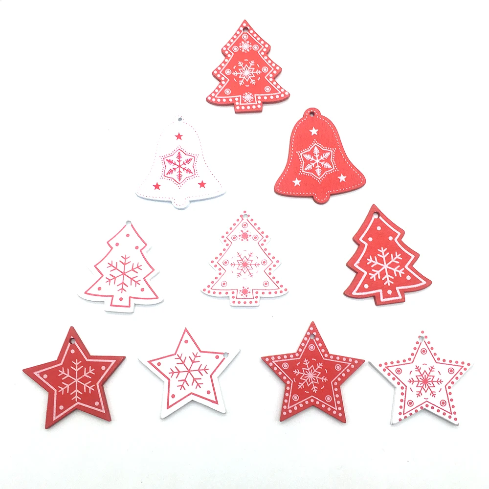 

Promotion 5cm White Red Christmas Tree Ornament Wooden Hanging Pendants Angel Snow Bell Elk Star Christmas Decorations