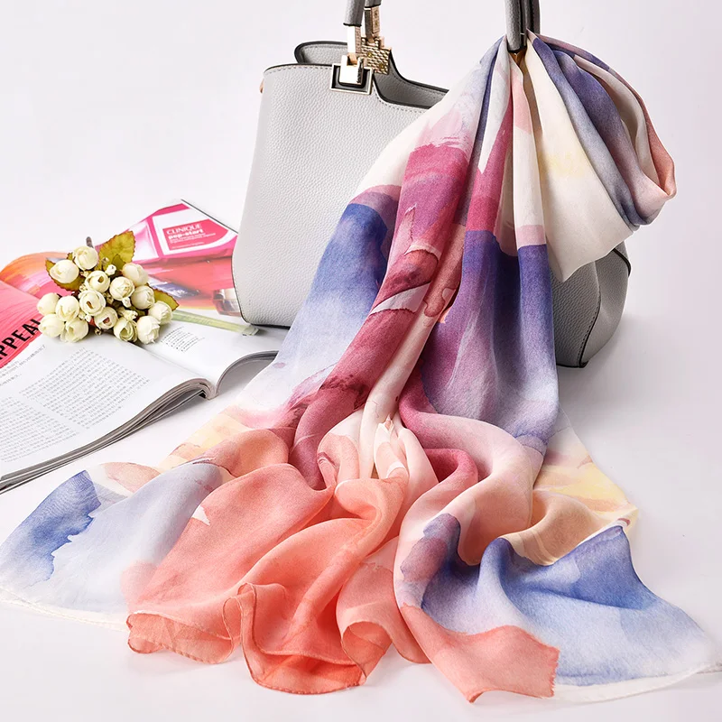 100% Pure Silk Chiffon Scarf Women Print Real Natural Scarves Breathable Sunscreen Seaside Shawls Wraps 175x110cm|Женские шарфы| |