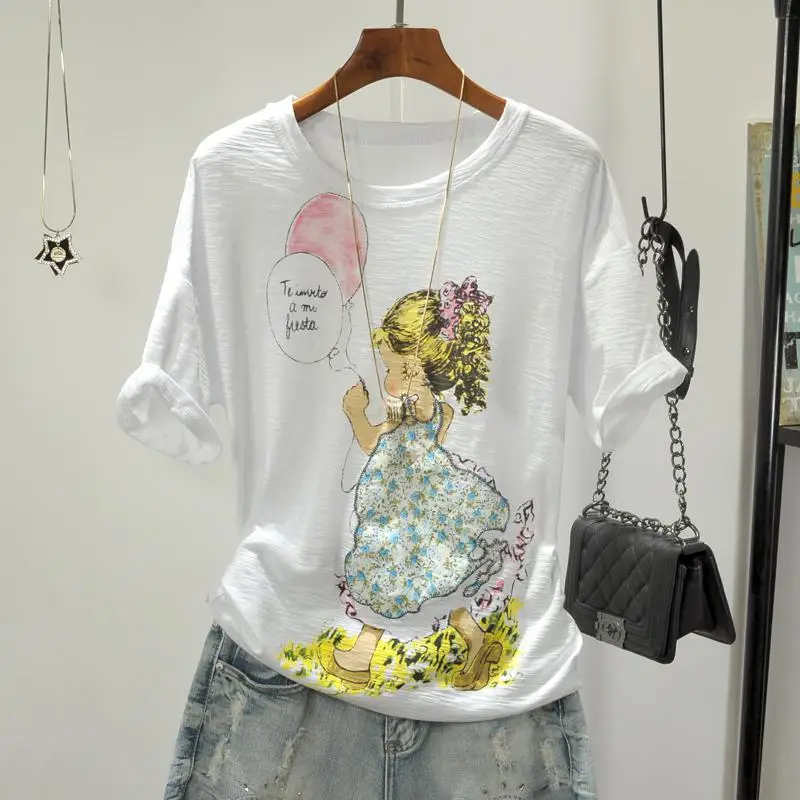 Zuolunouba, летние футболки с коротким рукавом в английском стиле, топы с мультяшным принтом Kawaii Girl, Harajuku, с вышивкой, Хлопковая женская футболка с круглым вырезом - Цвет: yytx042402