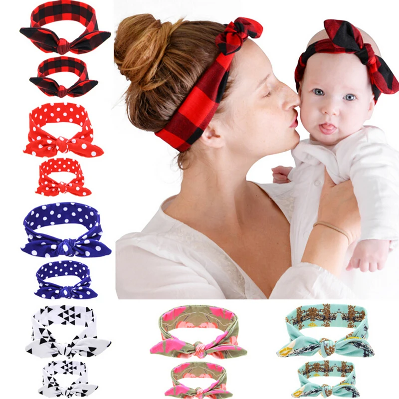 

2Pcs/Set Mommy and me Matching Headbands Photo Prop Gift for Mom and Kids Rabbit Ears Elastic Cloth Bowknot Headband Accessories