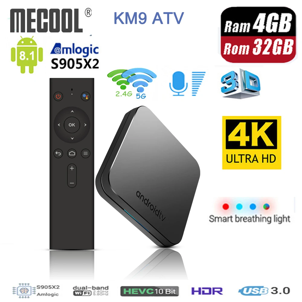 

MECOOL KM9 Android TV Box Android 9.0 Amlogic S905X2 Quad core 4GB DDR4 RAM 32GB ROM 2.4G/5G Dual Wifi 4.1 Bluetooth USB3.0 Box