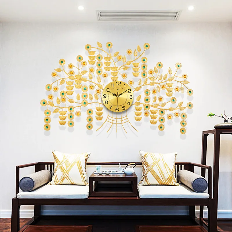 

Rich tree clock European large metal clock creative home living room mute quartz gold wall Clock metal wall decorations
