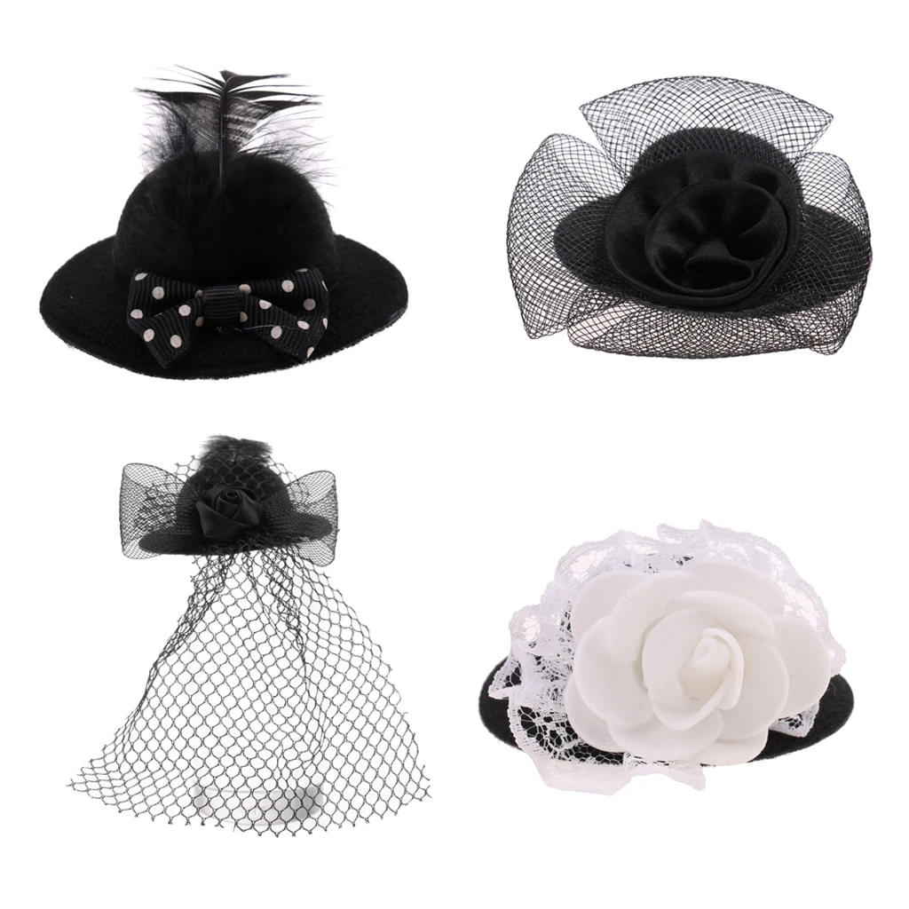 4Pcs Fashion New Lady Vintage Round Bowler Doll Hat Cap for 28-30cm   Doll Clothes Accs Black